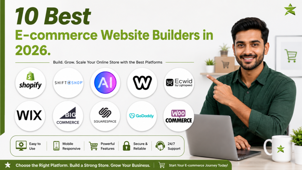Best ecommerce website builders comparison featuring Shopify, Wix, WooCommerce, BigCommerce, and Squarespace with Indian ecommerce entrepreneur