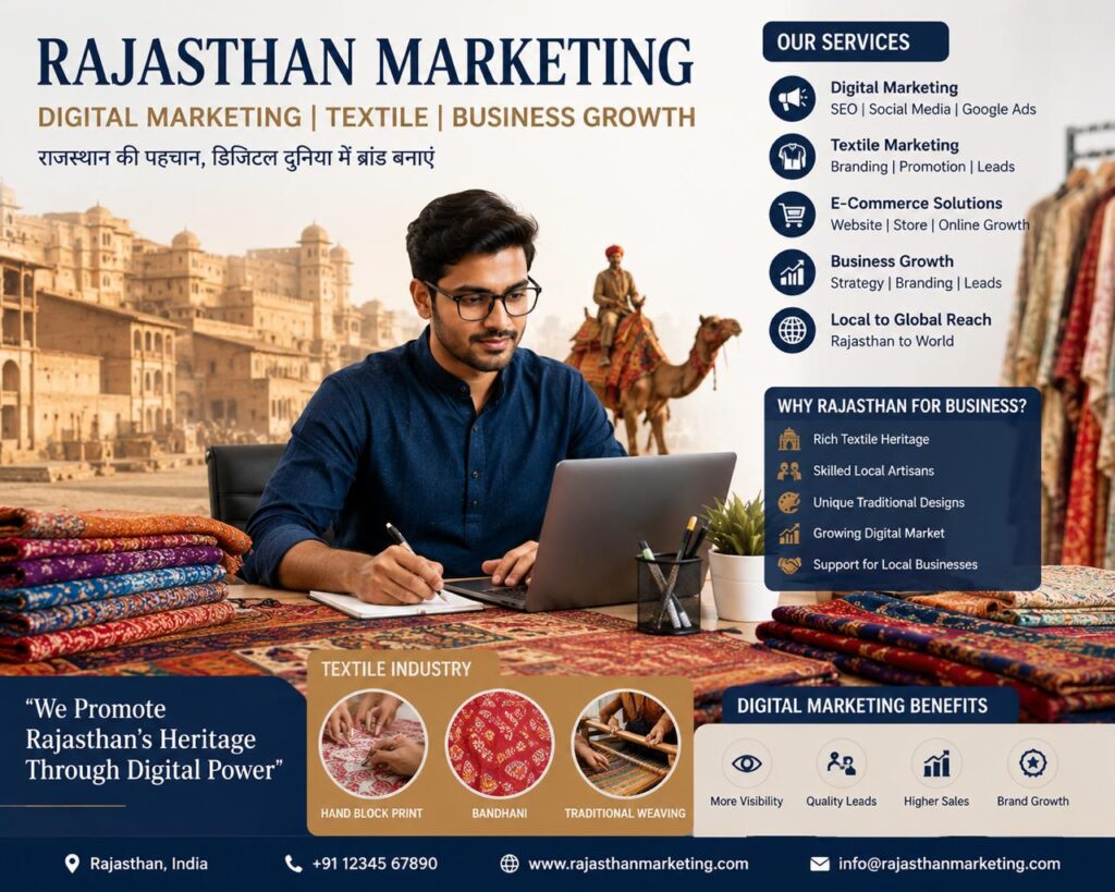 Digital Marketing for Textile Manufacturers in Rajasthan with Indian entrepreneur managing textile branding and online business growth