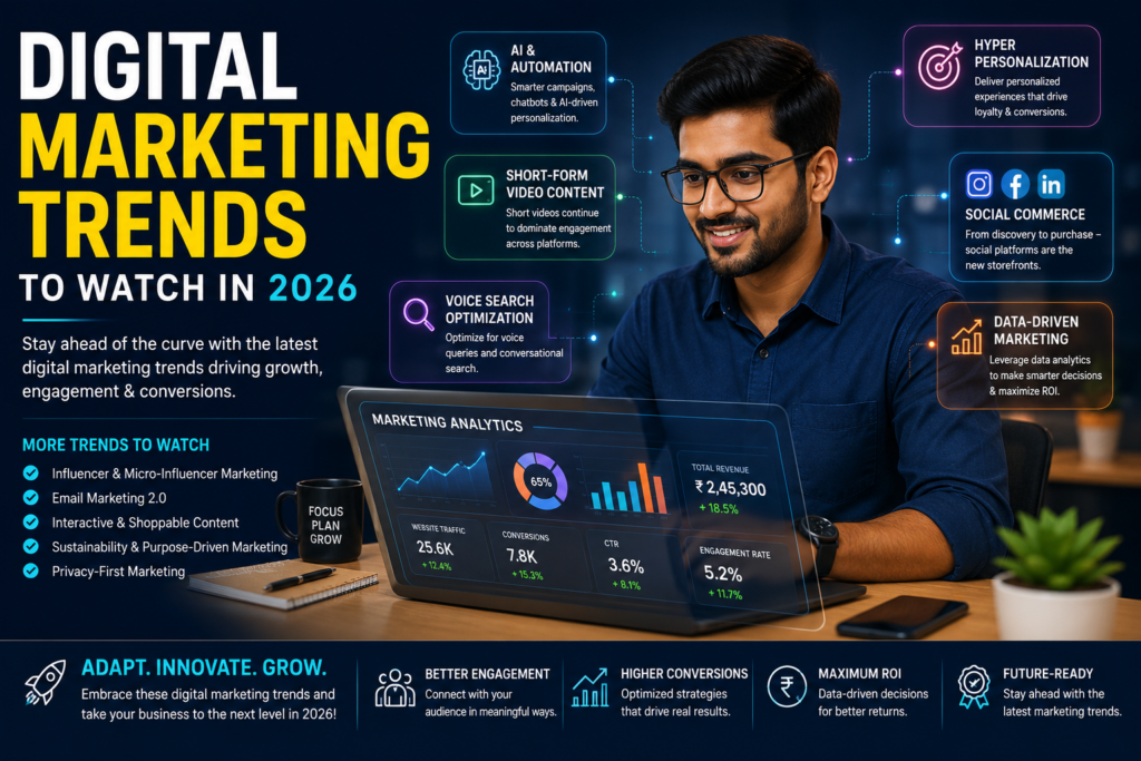 Digital marketing trends in 2026 infographic showing AI marketing, social commerce, automation, and data-driven digital strategies with Indian marketer
