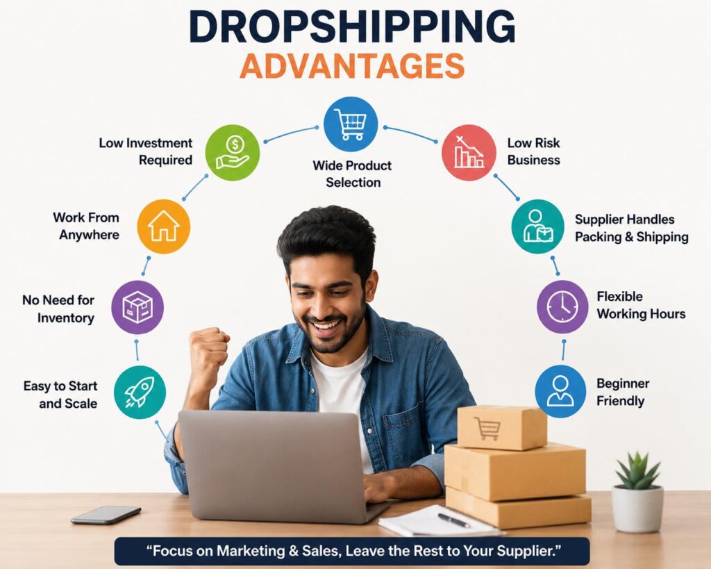 Dropshipping in India as an ecommerce business advantages infographic showing low investment, no inventory management, flexible work, and scalable online business opportunities