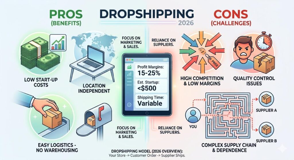 Dropshipping in India as an ecommerce business pros and cons infographic showing benefits, supplier dependency, profit margins, and ecommerce challenges