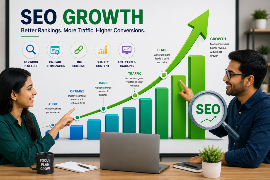 Top 10 SEO companies in Kota infographic showing SEO growth, higher rankings, organic traffic increase, and business conversions with Indian professionals