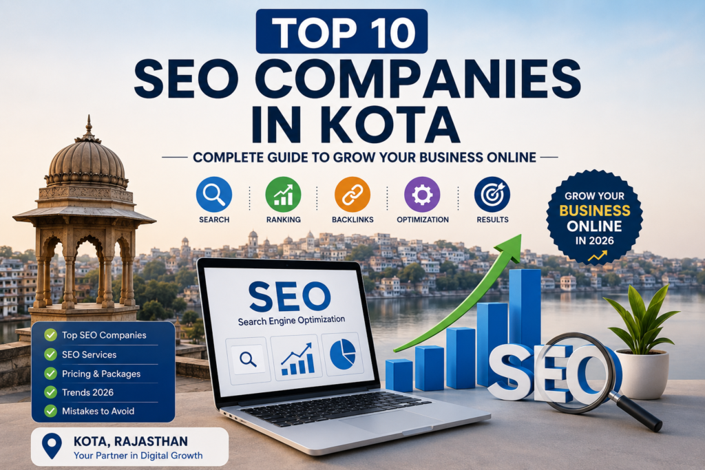 Top 10 SEO companies in Kota featured image showing SEO growth, digital marketing services, search rankings, and business optimization strategies