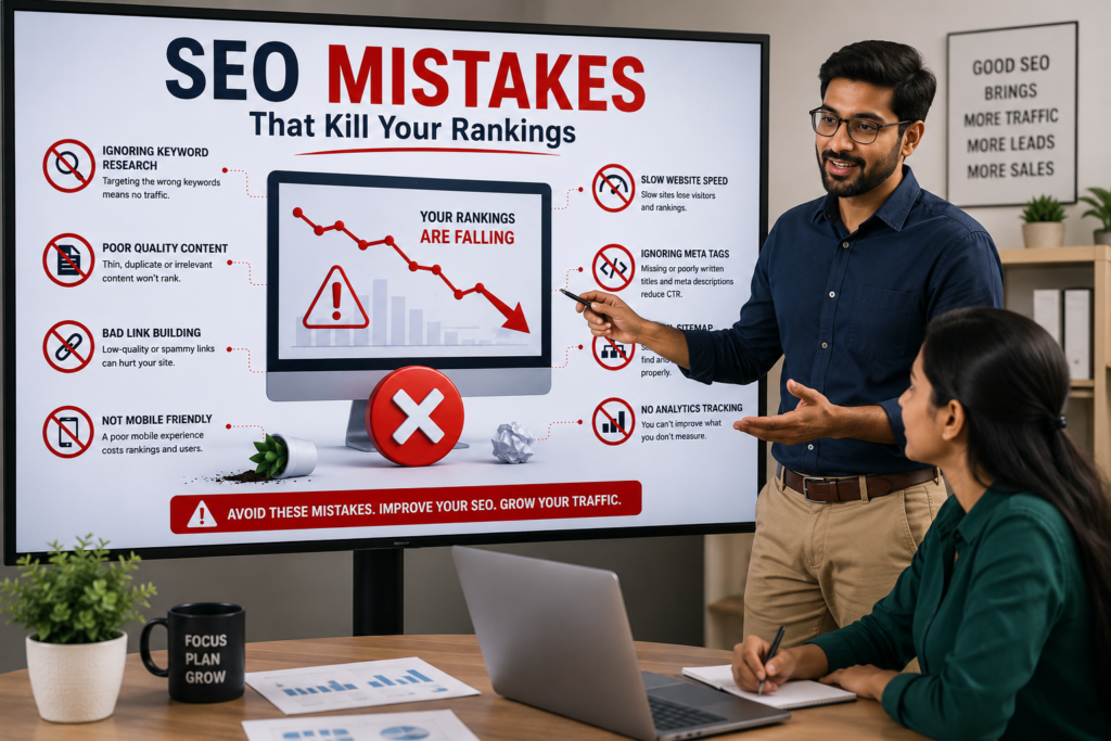 Top 10 SEO companies in Kota presentation showing SEO mistakes analysis, website ranking issues, keyword optimization, and digital marketing strategies with Indian professionals