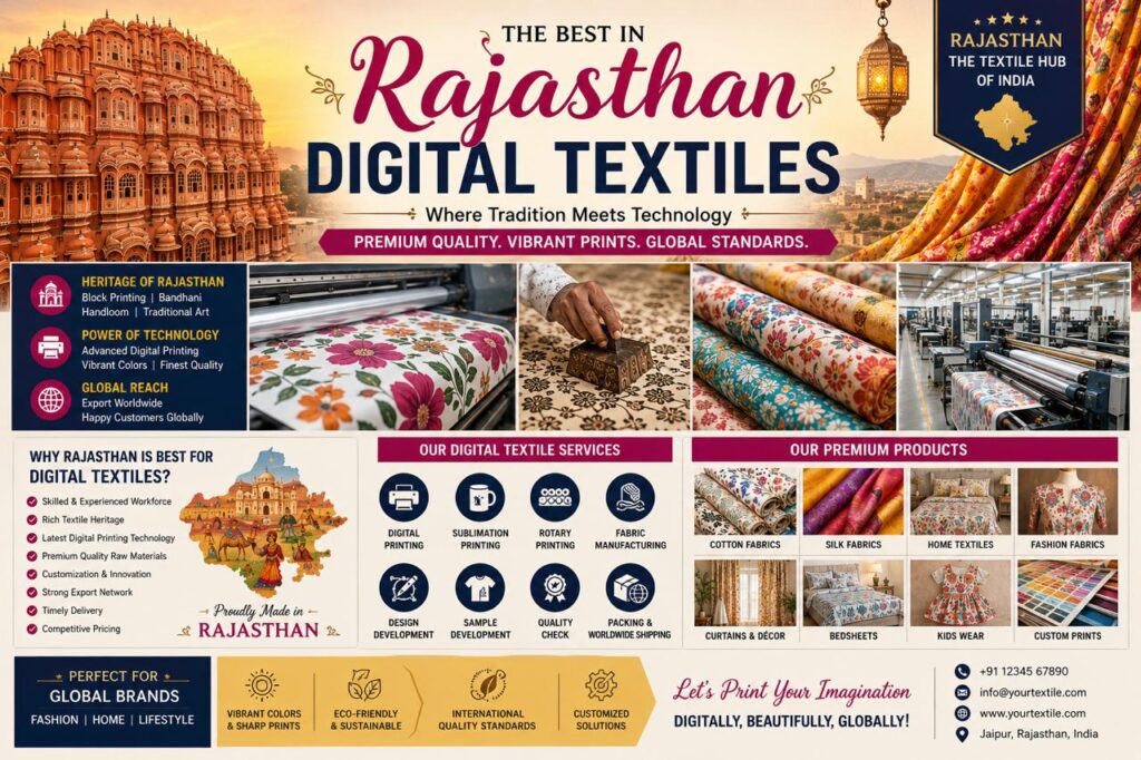Digital Marketing for Textile Manufacturers in Rajasthan showcasing textile printing, fabric production, branding, and global textile business growth