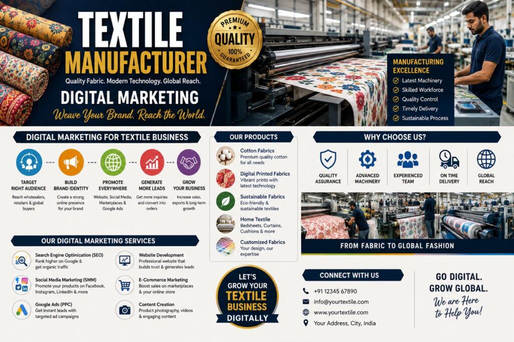 Digital Marketing for Textile Manufacturers in Rajasthan featuring textile factory production, branding, SEO, and ecommerce growth