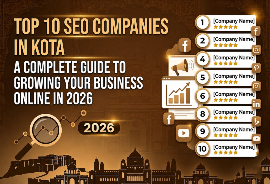 Top 10 SEO companies in Kota infographic showing business growth, SEO rankings, digital marketing services, and online visibility strategies